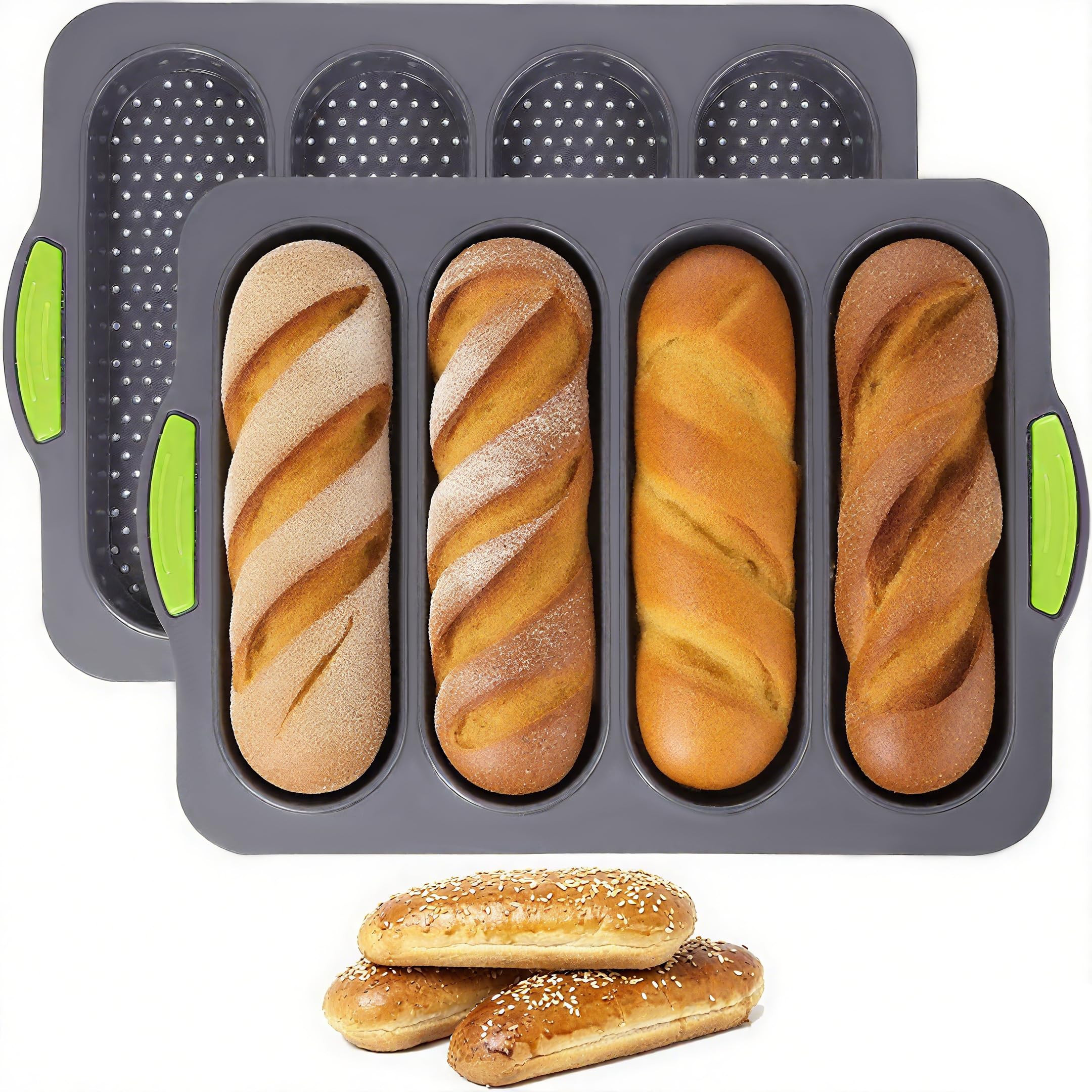 2 Pcs Silicone Bread Loaf Pan, 4 Holes Baguette Bread Pan Easy to Release, Non-Stick French Bread... | Amazon (US)