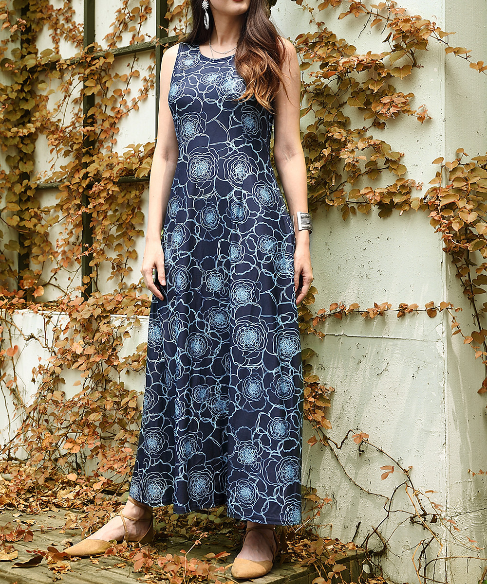 Reborn Collection Women's Maxi Dresses Navy - Navy Floral Sleeveless Maxi Dress - Women & Plus | Zulily