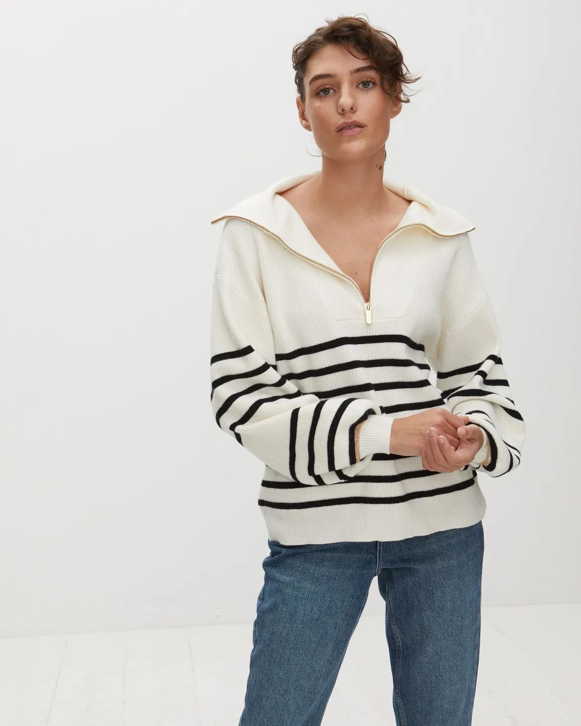 Breton Stripe & Zip Detail White Knitted Jumper | Oliver Bonas | Oliver Bonas (Global)