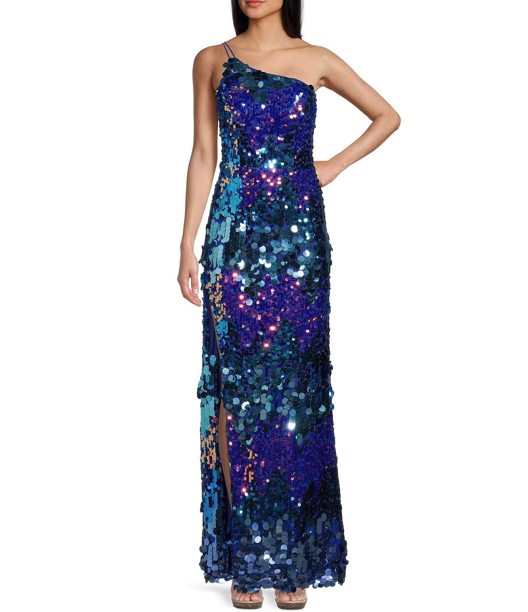 Xtraordinary One Shoulder Multi-Colored Paillette Sequin Side Slit Long Dress | Dillard's | Dillard's