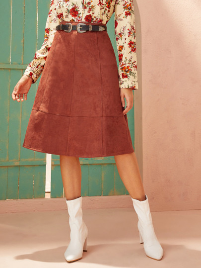 Suede High Waist Zipper Back Midi Skirt | SHEIN