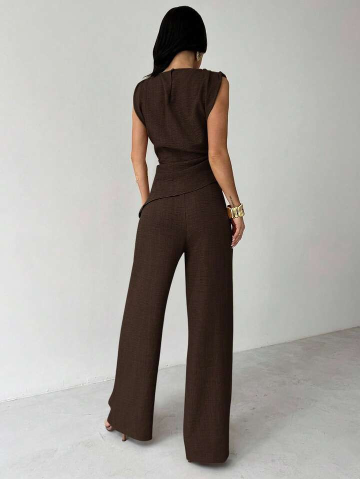 Firerie Khaki Minimalist Elegant Casual Commute Office Outfit: Sleeveless Asymmetric Ruched Waist... | SHEIN