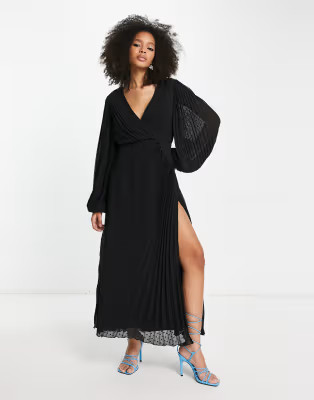 ASOS DESIGN pleated wrap button detail maxi dress in black | ASOS (Global)