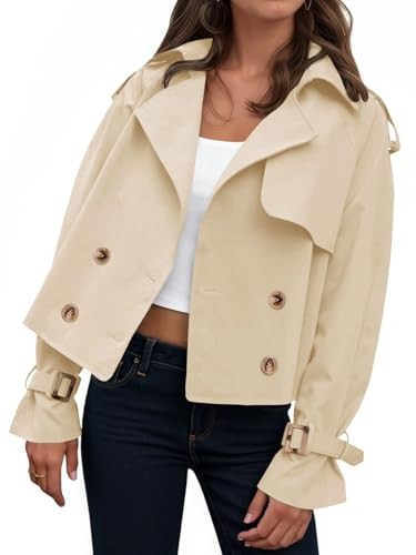 Tankaneo Womens Cropped Trench Coat Oversized Double Breasted Lapel Long Sleeve Short Jacket Fashion Outerwear | Amazon (US)