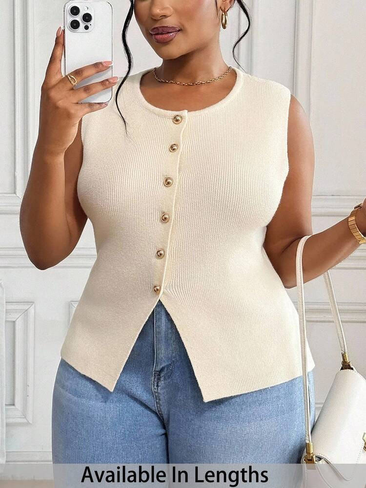 SHEIN PETITE CURVE Plus Size Women's Casual Solid Color Front Button Sleeveless Knit Top, Summer | SHEIN