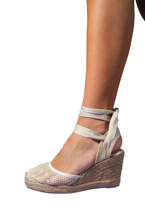 Forever & Always Shoes Lions Mesh Leather Wedge Espadrilles Sandal in Beige Leather at Nordstrom, Size 7 | Nordstrom