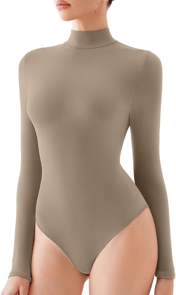 REORIA Women's Turtle Neck Long Sleeve Bodysuit Basic Slim Fit Double Lined Lightweight Layering ... | Amazon (US)