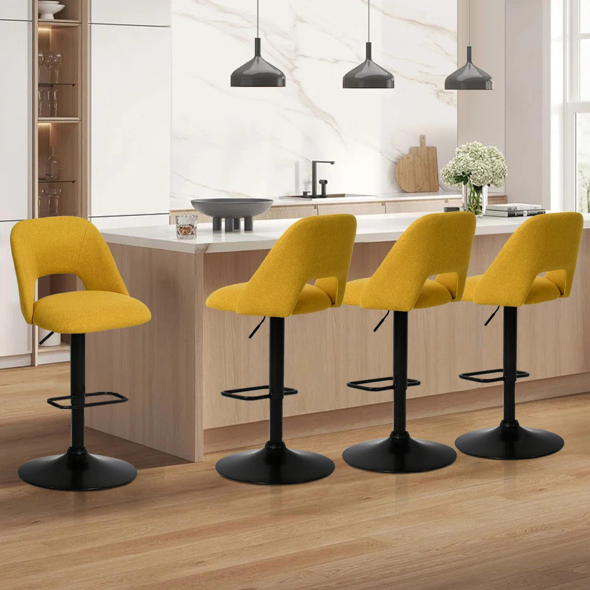 Set of 4 Swivel 24"-32" Upholstered Footrests Adjustable Height Bar Stool (Set of 4) | Wayfair North America