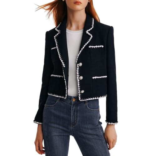 GOELIA Tweed Blazers for Women Work Business Casual, Knit Blazer Cropped Jacket Black Blazer Cropped Blazer Elegant Contrast Trim Open Front Cardigan Women's Blazers Suit Jackets for Work Office | Amazon (US)