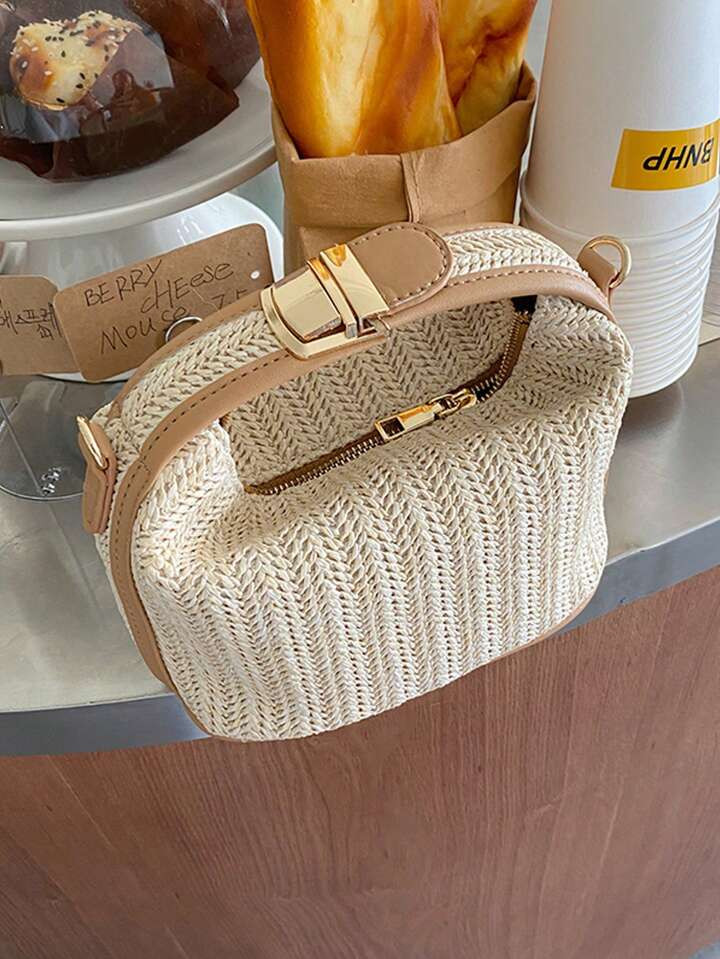 Mini Minimalist Straw Bag Top Handle Zipper, Vacation Bag For Summer, Beach Purse, Perfect For Summer, Vacation & Daily Use, Travel Must Haves, Summer Straw Beach Bag For Women, Hottest Beach Bags For Women, Fashion Summer Vacation Bag, Beach Essentials Women Bags For Vacation & Holiday | SHEIN