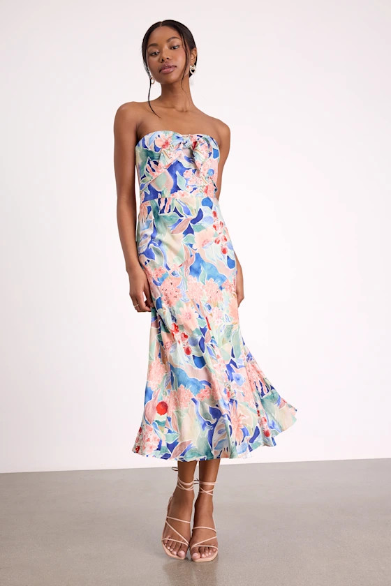 Shauna Blue Multi Floral Tie-Front Midi Dress | Lulus