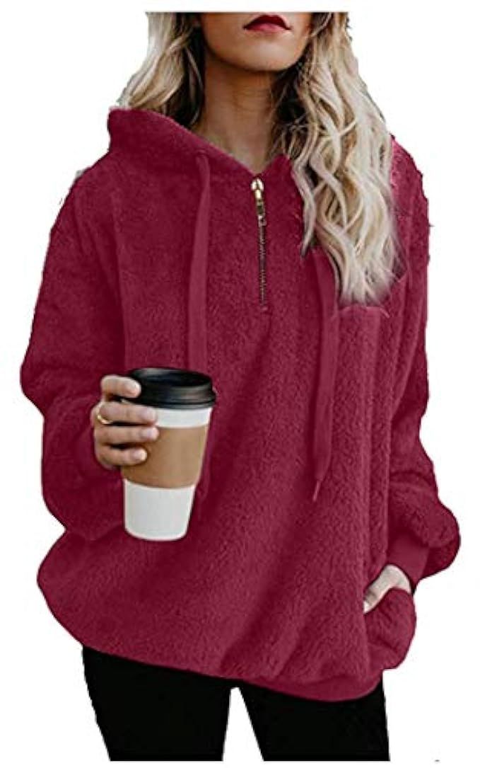 TBONTB Womens Fuzzy Hooded Casual Oversized Long Sleeve Loose Sweatshirt Pockets Outwear | Amazon (US)