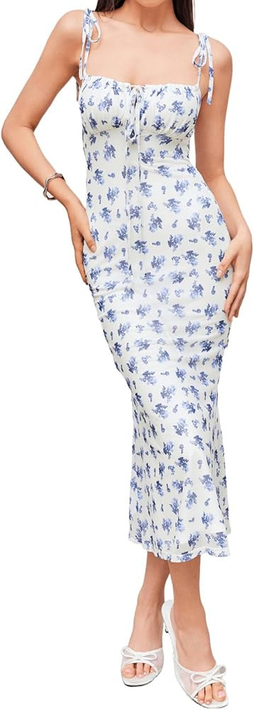 CIDER Women's Summer Floral Maxi Dress Spaghetti Strap Sleeveless Bodycon Ruched Mesh Dresses 202... | Amazon (US)