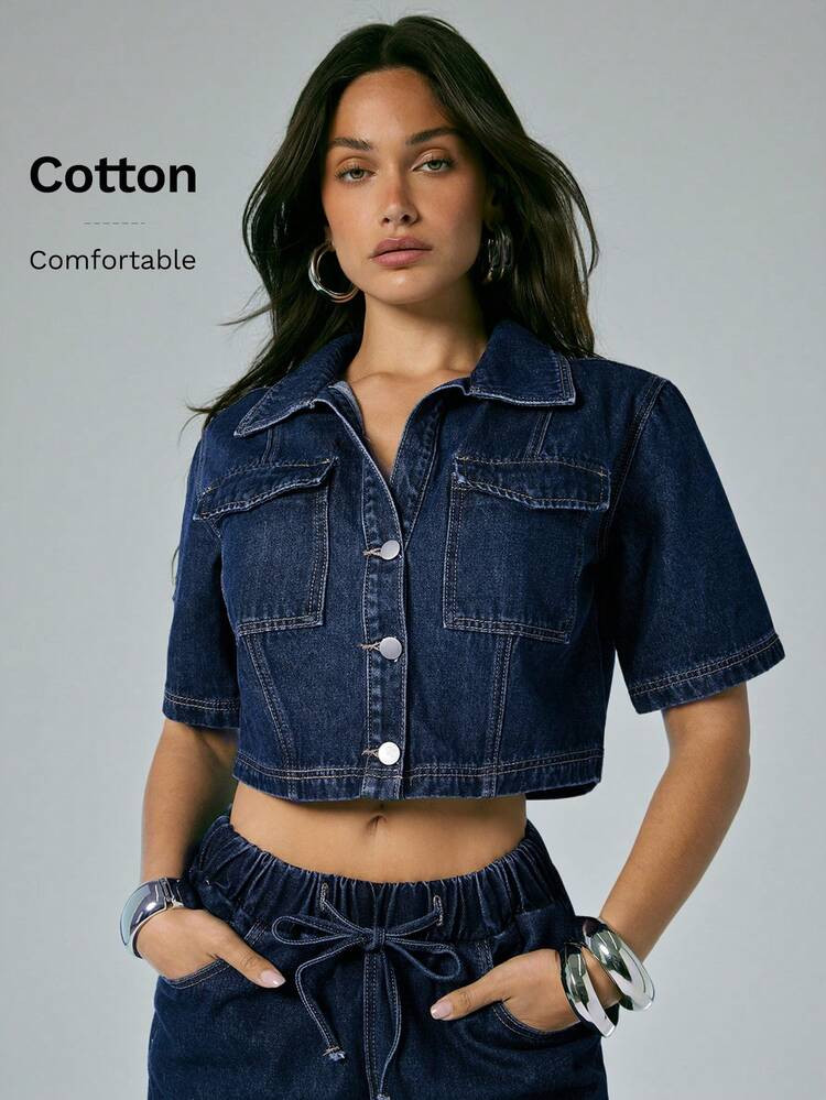 Denimoi Flap Pocket Button Front Casual Boxy Cropped Denim Top Women's Summer Fashionable Short Sleeve Collared Tops For Women, Nashville | SHEIN