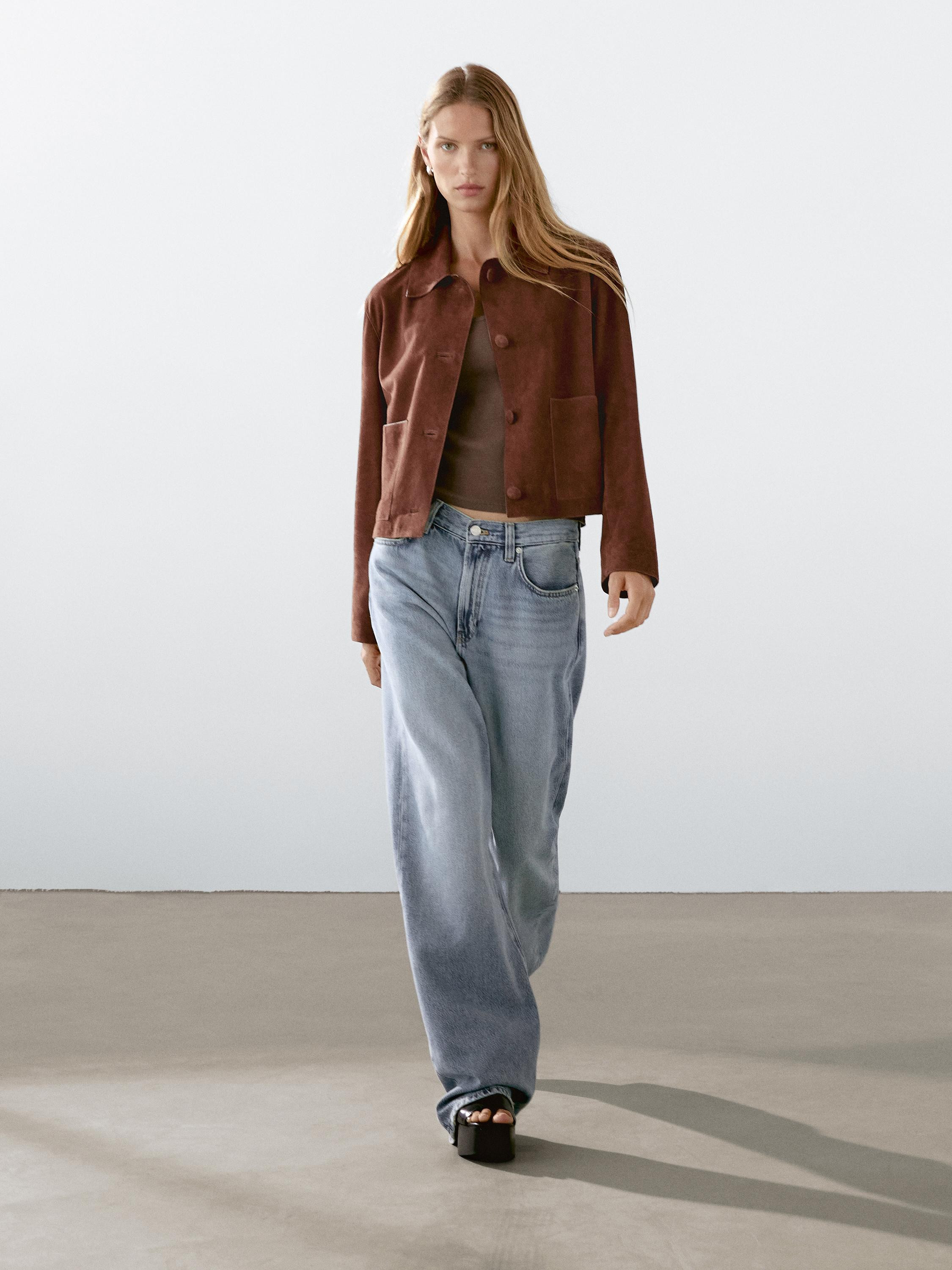 Cropped suede leather-lined jacket with buttons | Massimo Dutti UK