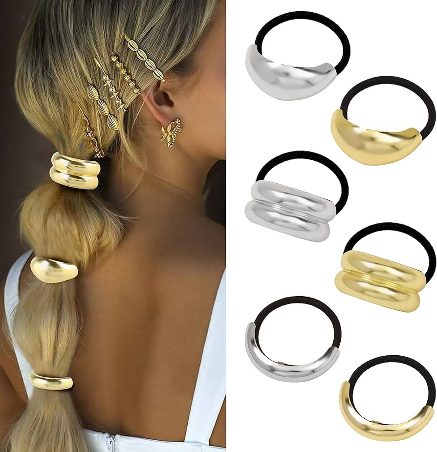 Hair Ties for Women, Gold Metal Hair Cuffs Hair Accessories Elastic Hair Ties Ponytail Cuff Hair ... | Amazon (US)