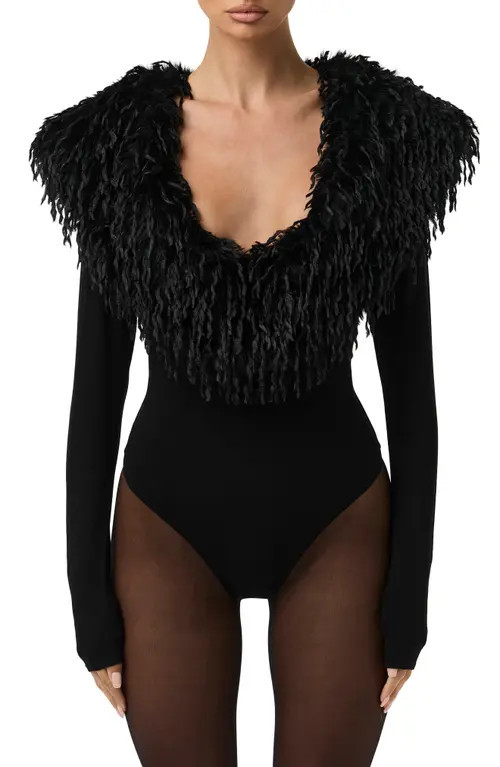 Naked Wardrobe Butter Long Sleeve Bodysuit with Feather Collar in Black at Nordstrom, Size X-Small | Nordstrom