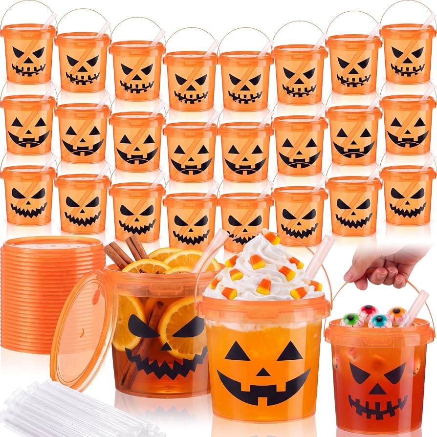 12 Pcs Halloween Jack O Lantern Drink Buckets 25 oz Pumpkin Face Cups with Lids and Straws Reusab... | Amazon (US)