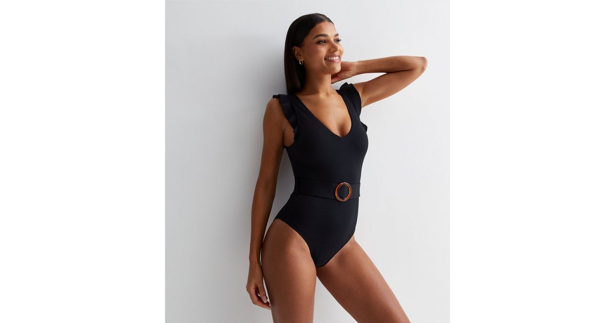 Black Frill Belted Swimsuit | New Look | New Look (UK)