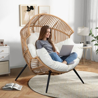 Outdoor Wicker Egg Chair Oversized Ergonomic Rattan Rocker with Thick Plush Cushion for Patio Backyard Garden - Brown & Beige | Target