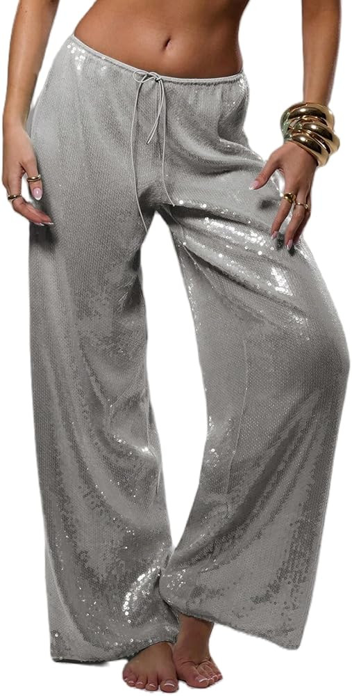 Sequin Pants for Women Low Rise Sparkly Glitter Wide Leg Disco Pants Party Dance Bottoms Wave Out... | Amazon (US)