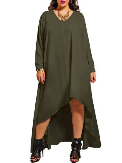 V Neck Long Sleeves Solid Color Plus Sized Dress | ZAFUL (Global)