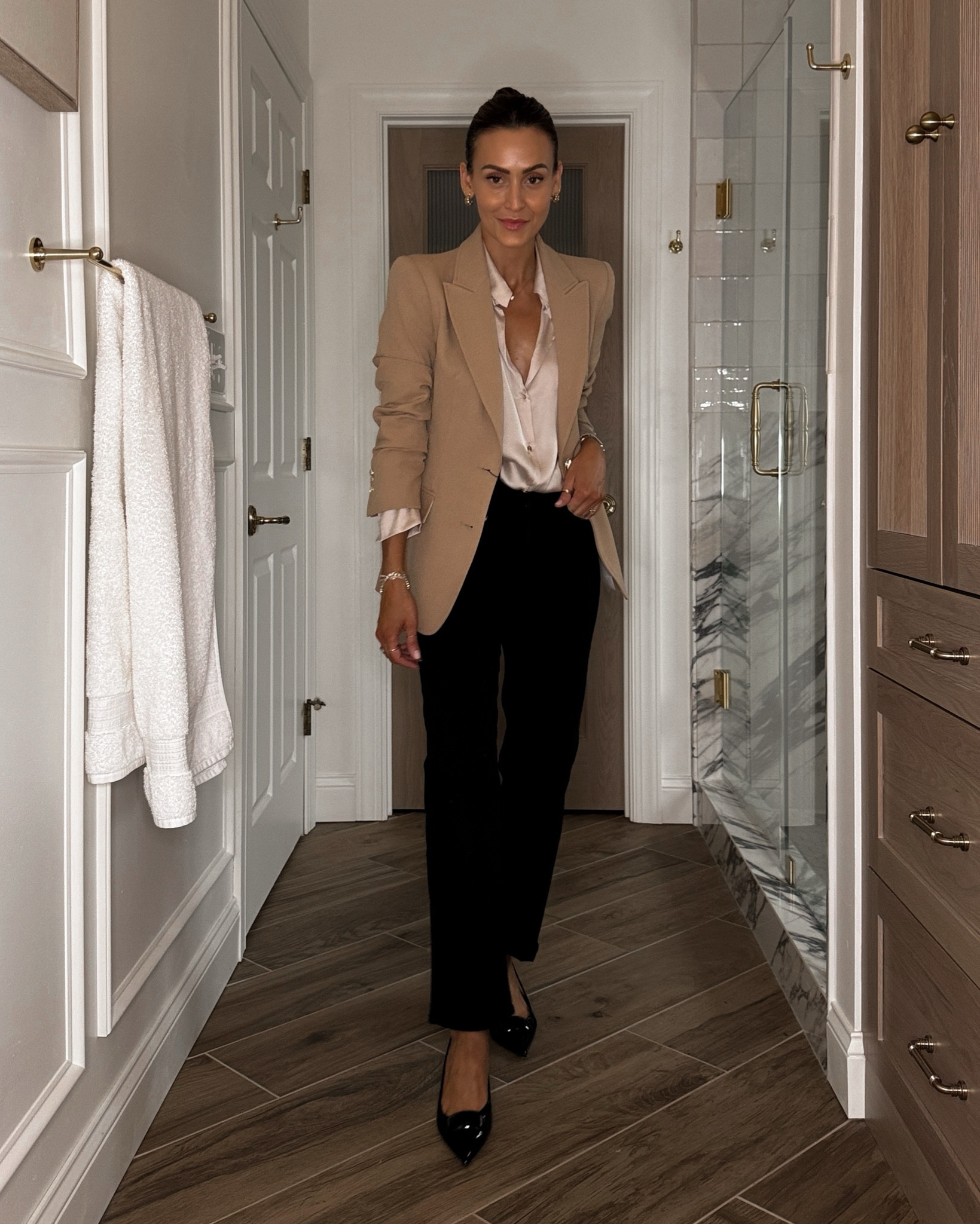 Zara blazer (I have the black and white of this same shape for years and LOVE!) xs 
Mother jeans, Zara satin shirt and slingbacks under $50 

#LTKStyleTip #LTKWorkwear #LTKFindsUnder50
