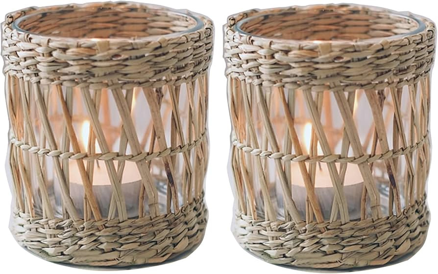 Wicker Rattan Woven Tea Light Candle Holder Set of 2, Handcraft Woven Votive Candle Holder, Rusti... | Amazon (US)
