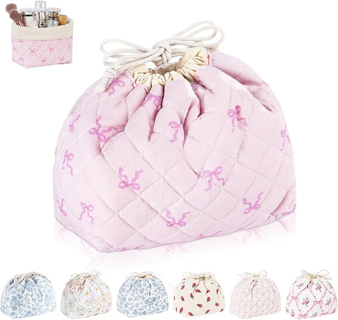 Quilted Drawstring Makeup Bag, Coquette Small Cosmetic Bag for Purse, Portable Cute Travel Makeup... | Amazon (US)