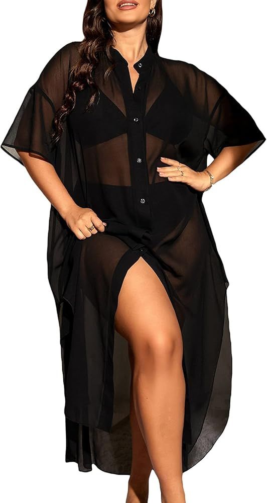 Verdusa Women's Plus Size Sheer Mesh Half Sleeve Loose Swimsuit Maxi Dress Cover Up | Amazon (US)