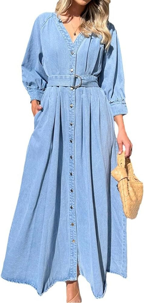 utcoco Womens 2025 Fall Winter Denim Shirt Dress V Neck 3/4 Long Sleeves Button Down Belted Jean ... | Amazon (US)