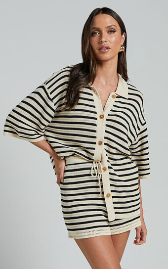 RUNAWAY THE LABEL - CHERIE KNIT SHIRT in Sand/Black | Showpo (US, UK & Europe)