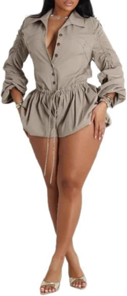 Famnbro Womens Summer Rompers Long Sleeve V Neck Drawstring Bubble Short Cute Jumpsuit One Piece ... | Amazon (US)