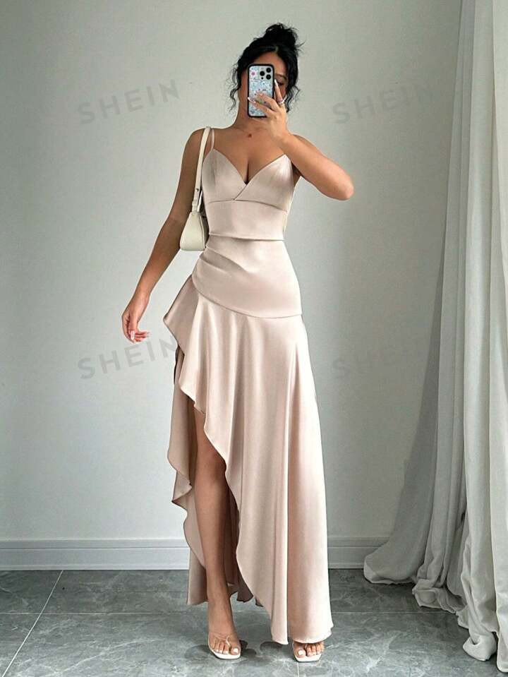 SHEIN Privé Satin Irregular Hem Summer Solid Color Sexy Elegant Slip Dress | SHEIN