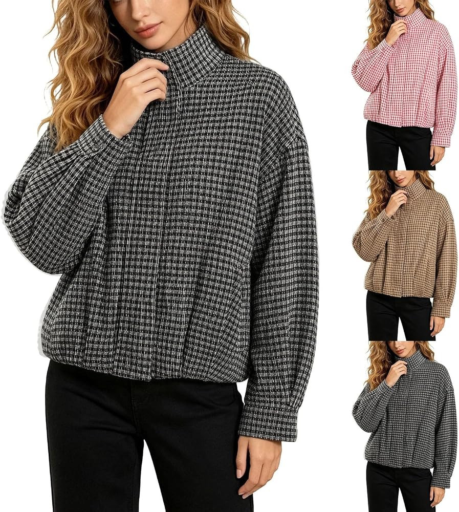 Women Gingham Stand Collar Zip Up Jacket With Pockets Cropped Checked Windbreaker Plaid Bomber Ja... | Amazon (UK)