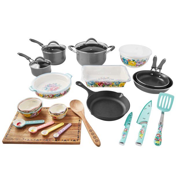 The Pioneer Woman Sweet Romance 30-Piece Nonstick Cookware Set, Grey - Walmart.com | Walmart (US)