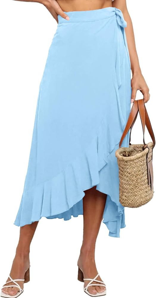 Umenlele Women's Casual Tie waist Asymmetric Swing Ruffle Wrap Hem Flowy Mid Skirt | Amazon (US)