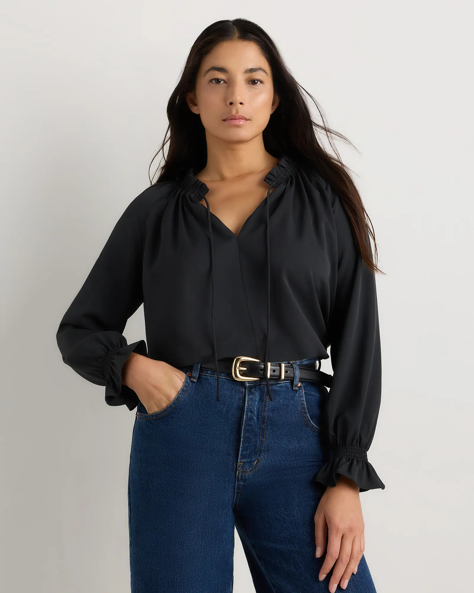 Drapey Chiffon Split Neck Long Sleeve Blouse | Quince