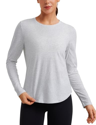 CRZ YOGA Pima Cotton Workout Long Sleeve Shirts for Women Athletic Crewneck Yoga Casual Tops Plain T-Shirt Light Grey Heather X-Large | Amazon (US)