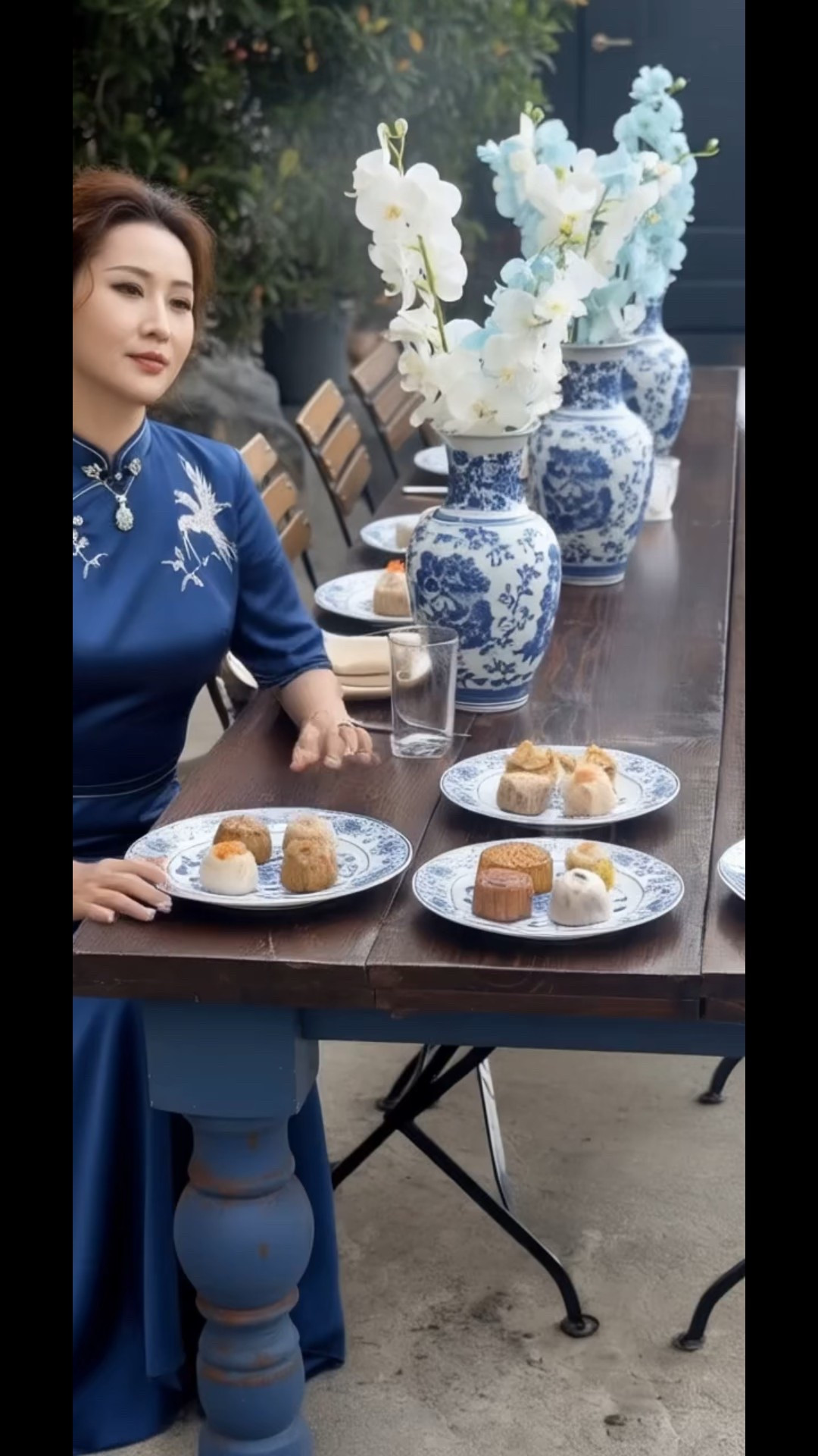 A long rustic table layered with porcelain dinnerware, delicate pastries, and soft steam rising slowly into the daylight.
Three sculptural porcelain vases anchor the center — balanced, intentional, quietly striking.

A hint of blue silk at the edge of the frame. Just enough story.

Timeless chinoiserie details never overpower the room — they elevate it. #Chinoiserie
#ChinoiserieStyle
#TablescapeEdit
#PorcelainVases
#DiningInStyle
#ElevatedEntertaining

#EditorialHome
#QuietLuxury
#BlueAndWhite


#LTKHome #LTKHome