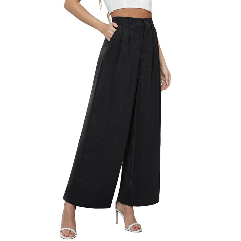 Uvplove Women's Pocket Wide Leg Trousers Lightweight Pants High Waist Button Loose Trouser Work C... | Walmart (US)