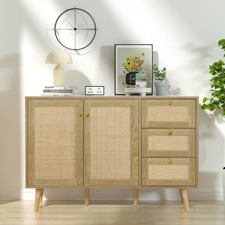 Eumyviv Accent Storage Cabinet with 2 Doors and 3 Drawers, Sideboard Buffet Cabinet with Rattan D... | Walmart (US)