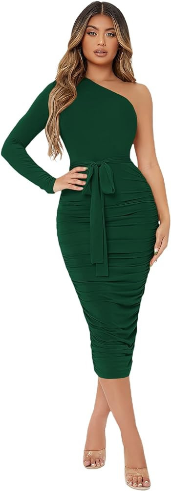 Verdusa Women's One Shoulder Long Sleeve Ruched Belted Bodycon Pencil Dress | Amazon (US)