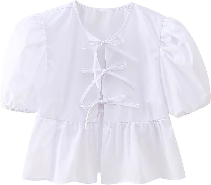 Women Y2K Peplum Shirt Puff Sleeve Tie Front Top Blouse Cute Going Out Babydoll Crop Top Summer | Amazon (US)