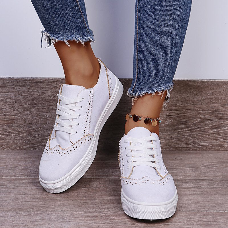 Suede Lace-Up Flat Sneakers | White / 35(US4) | Casual Chic Boutique