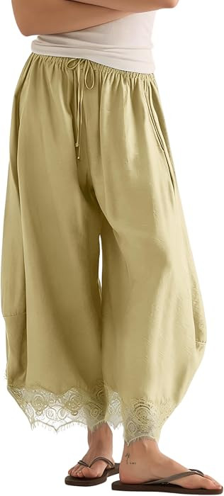 Women's Cropped Lace Hem Pants High Waist Drawstring Wide Leg Pants | Amazon (US)