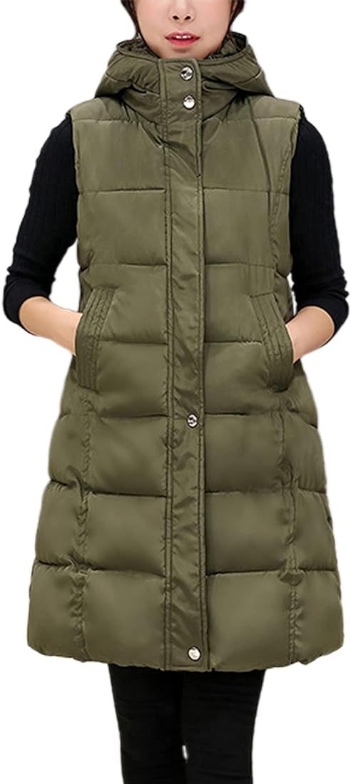 Fiona Jolin Womens Long Puffer Vest Black Hooded Zip Sleeveless Jacket Coat Outerwear | Amazon (US)