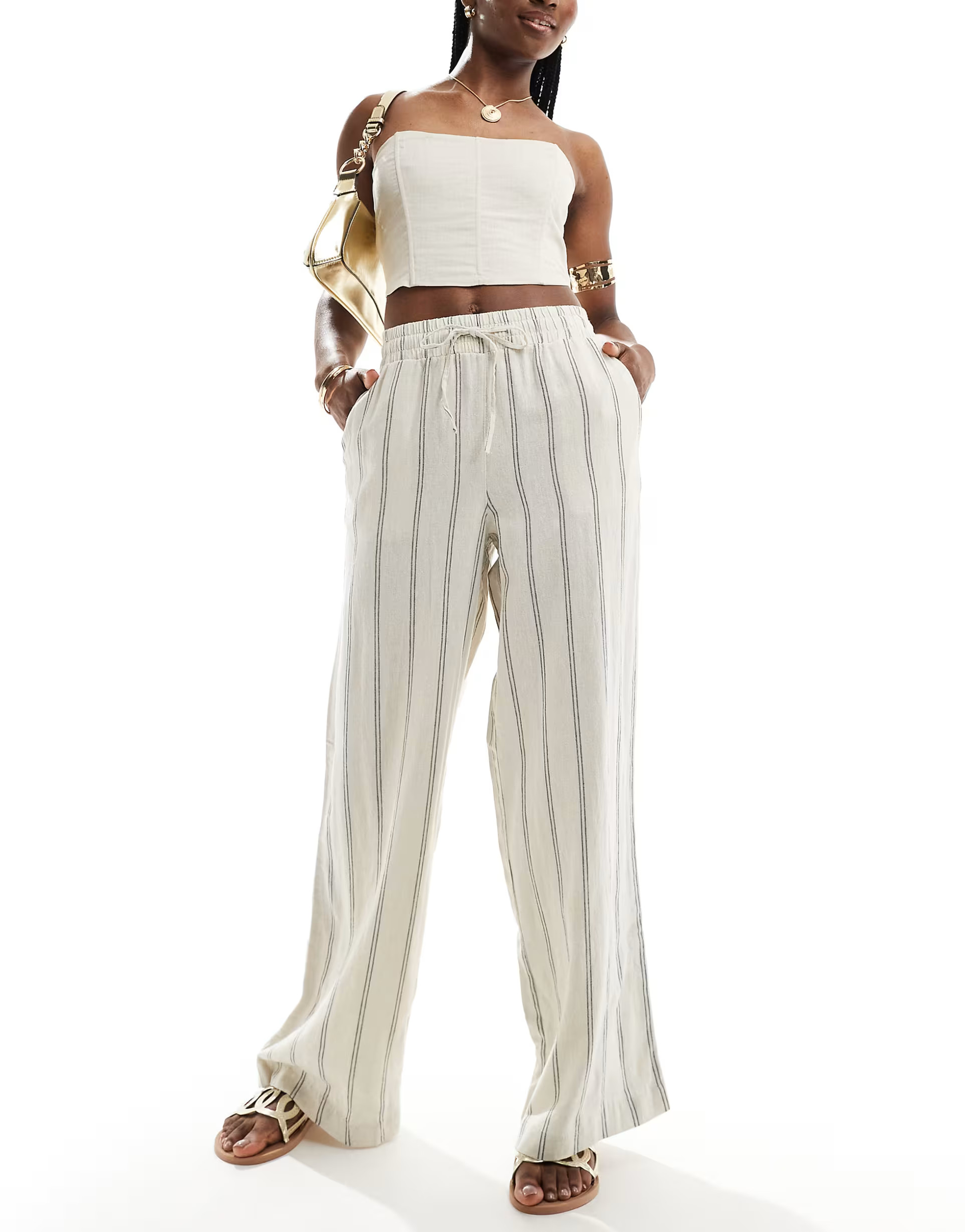New Look linen wide leg trouser in cream stripe | ASOS (Global)