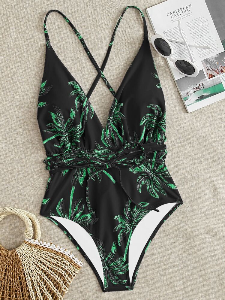 Tropical Tie Front Plunging One Piece Swimsuit | SHEIN