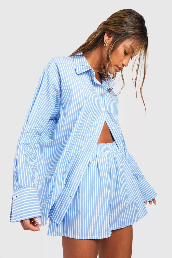 Cotton Pinstripe Pyjama Shirt And Short Set | Boohoo.com (UK & IE)